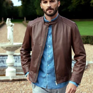 Blouson l’essentiel en cuir d’agneau plongé marron cigare