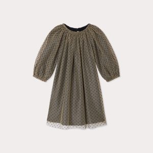 Robe Juste en tulle or à pois flockés noirs